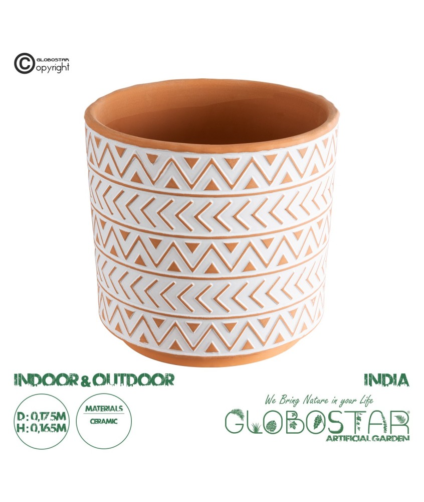 GloboStar® Artificial Garden INDIA 20498 Διακοσμητικό Κεραμικό Κασπώ Γλάστρα - Flower Pot Λευκό με Πορτοκαλί Φ17.5 x Υ16.5cm